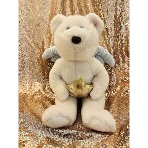 Vtg TY White Angel Bear holding Gold Star and Blue Wings  2005 14” P8